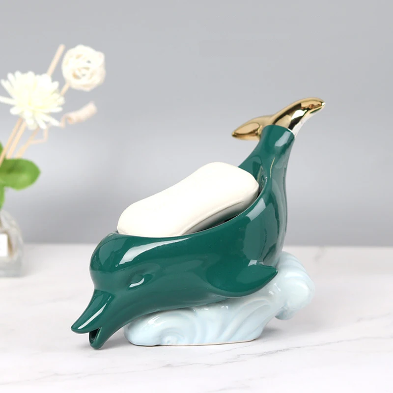 

Cute Dolphin Soap Dish Ceramics Soap Holder Bath Shower Plate Drain Hole Nordic Style Washbasin Bathroom Decor for Home Hotel