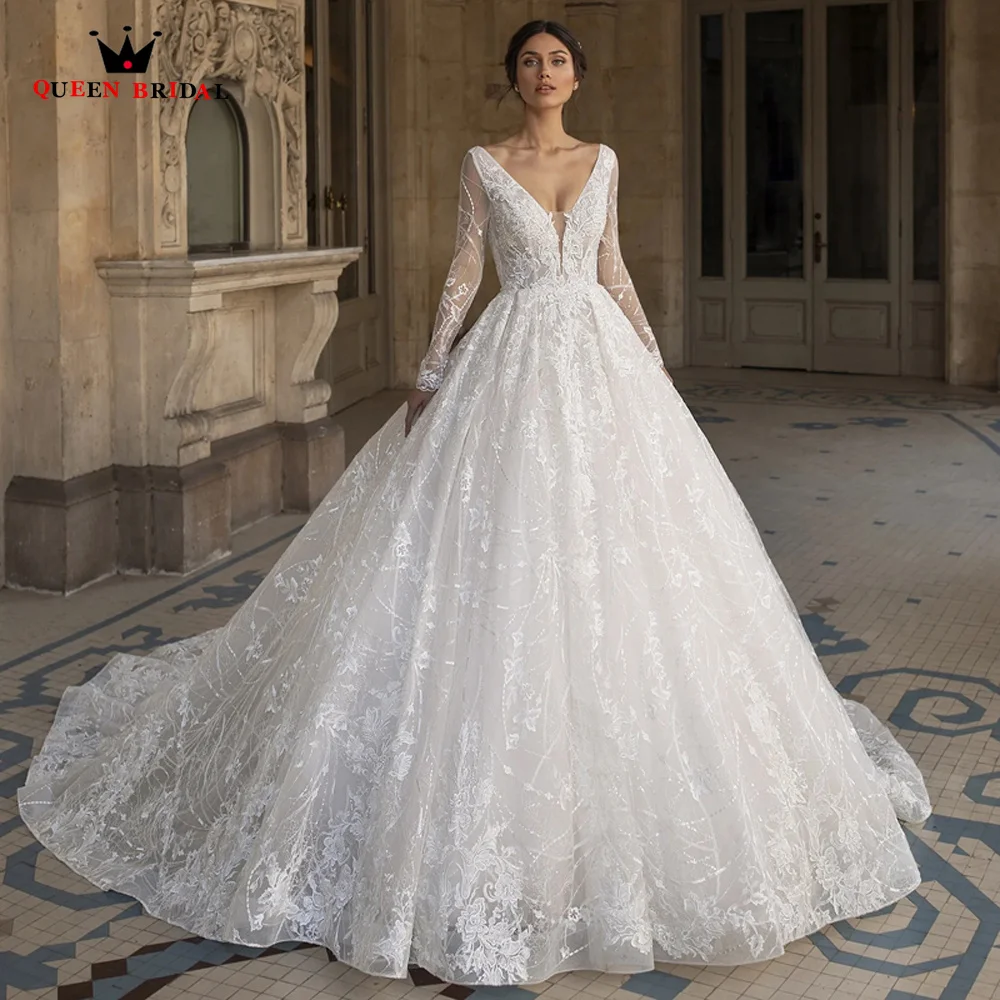 

Ball Gown Wedding Dresses V-neck Sequins Tulle Lace Crystal Long Sleeve Elegant Bridal Gown 2023 New Design Custom Made DS23