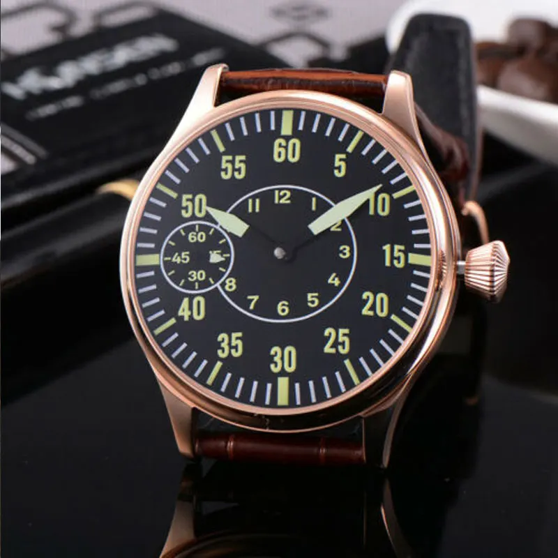 Corgeut 44mm Mens Wristwatch Luminous Rosegold Case Green Number 3600 Hand Winding Movement Mechanical Fashion Watch 6497