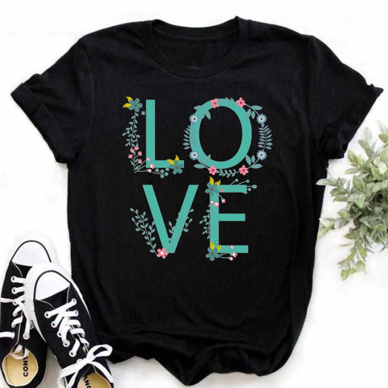 Maycaur Women T-shirts Floral Love T Shirt 90s Ladies Fashion Clothing Cartoon Clothes Short Sleeve Female Tees Valentine Tshirt