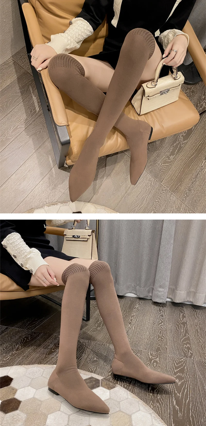 Size 34-40 Fashion Slim Leg Thigh High Sock Boots Women Black Stretch Fabric Pointed Toe Flat Heels Over The Knee Slip On Shoes