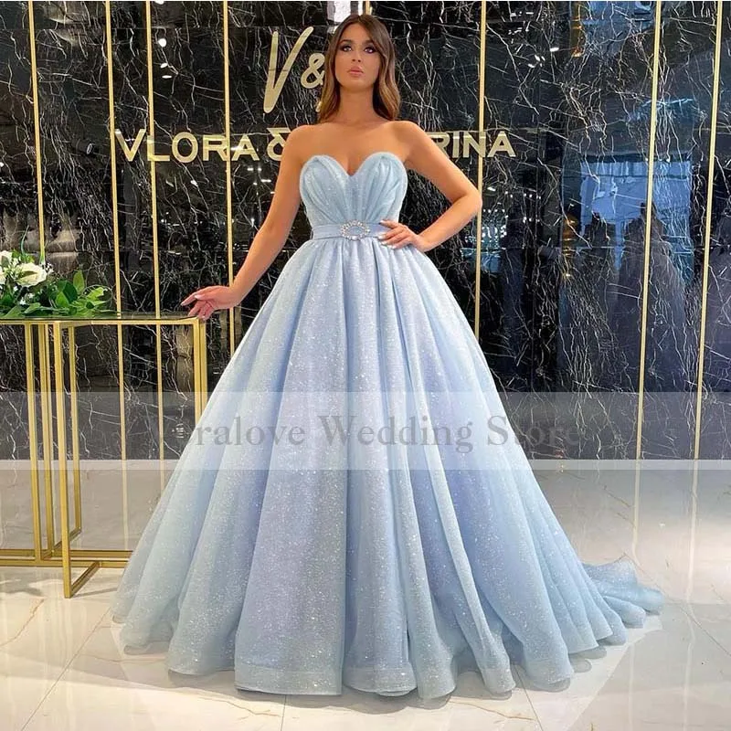 Nieuwe Collectie Sweetheart Prom Dress Light Sky Blue Arabisch Avondjurk 2021 Pailletten Sparkly Prom Wear Robe De Soiree