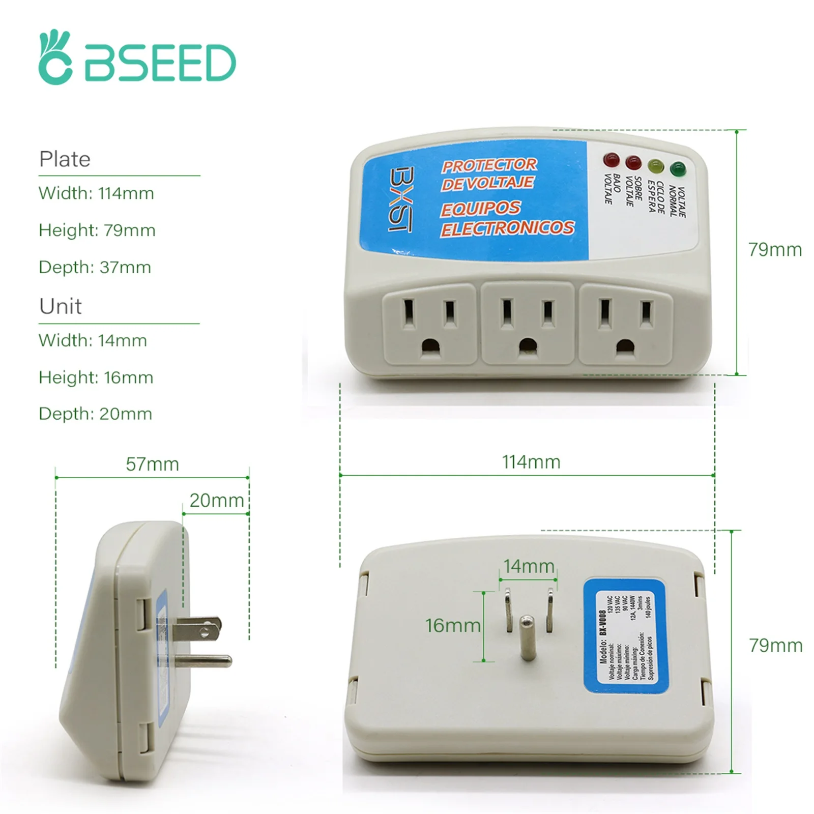 BSEED-Protetor contra Surtos de Tensão, 3 Tomadas, Eletrodomésticos, Supressor de Energia de Parede, Plugue Multifuncional 1400W