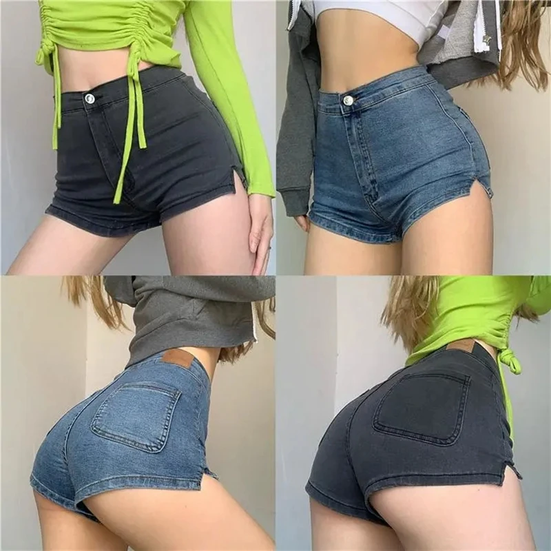 

All Matchs Female Fashion Casual Summer Women Denim Booty Shorts High Waists Fur-lined Stretchy Split Club Sexy Slim Short Jeans