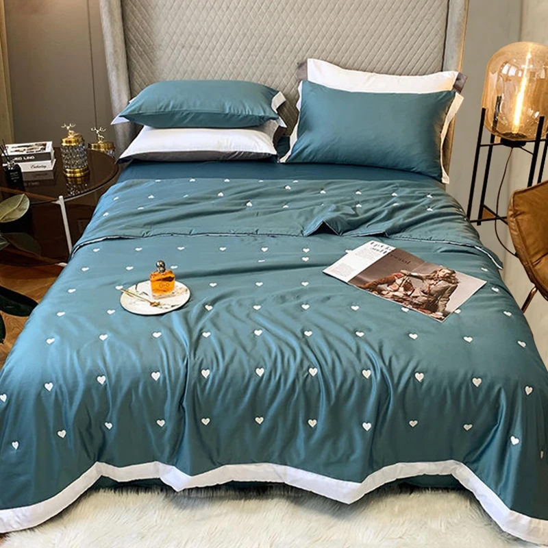 

1pc Satin Silk Quilt For Summer Bedding Set Bedspread Comforter AB Side Water washed real silk Embroidery Bed Cover King Queen