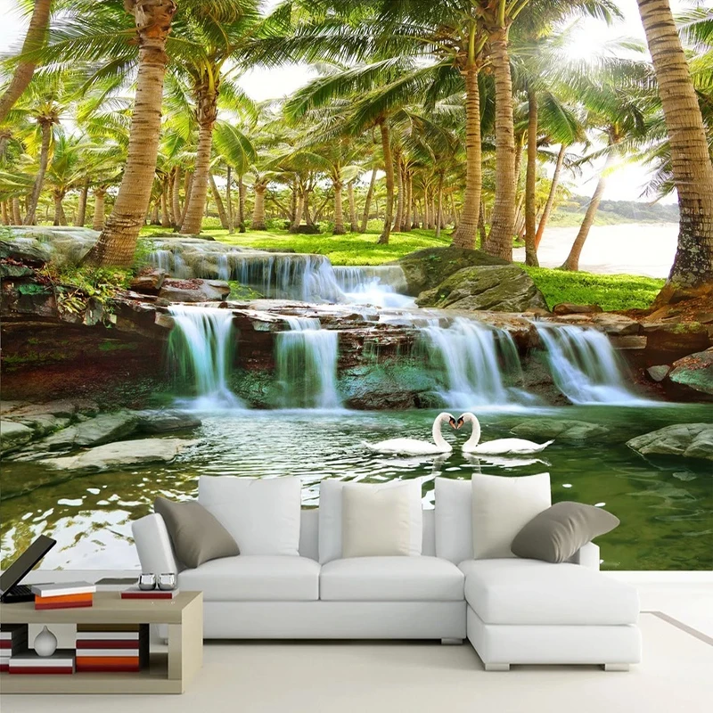 Custom Wallpaper 3D Coconut Forest Waterfalls Photo Wall Murals Living Room Bedroom TV Sofa Background Wall Sticker Home Decor