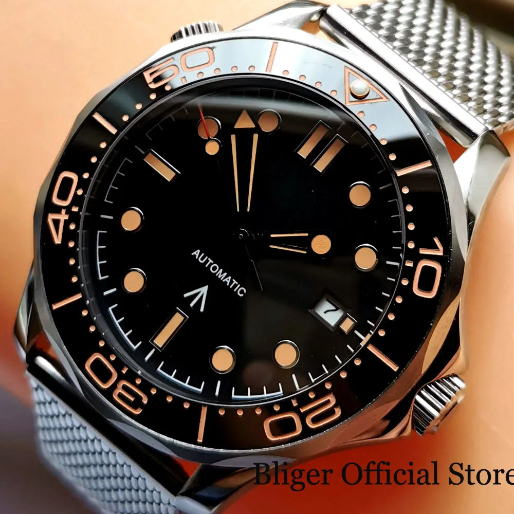 BLIGER 41mm Mechanical Men Watch Sapphire Glass Date 24 Jewel NH35 PT5000 MIYOTA 8215 Stainless Steel Mesh Band Rotating Bezel