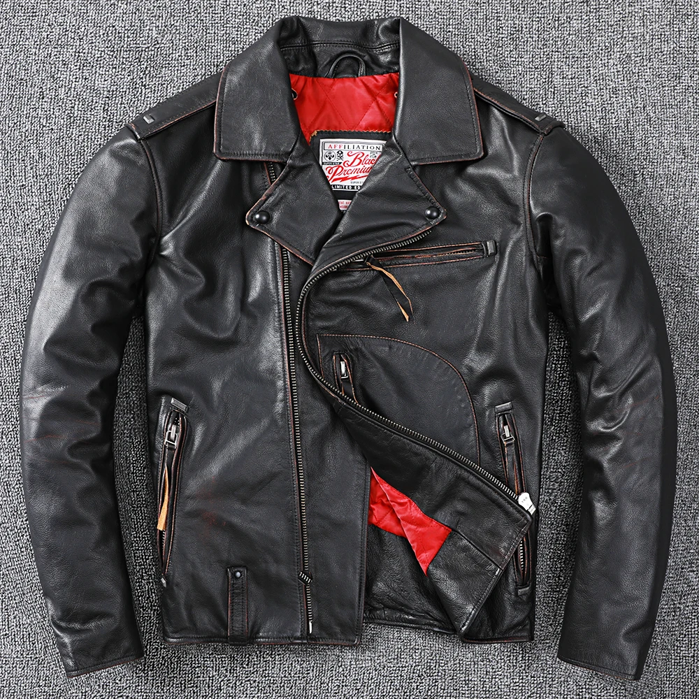 Vintage Black Winter Leather Jacket Men Punk Style Plus Size 6XL Genuine Thick Natural Cowhide Winter Warm Genuine Leather Coat