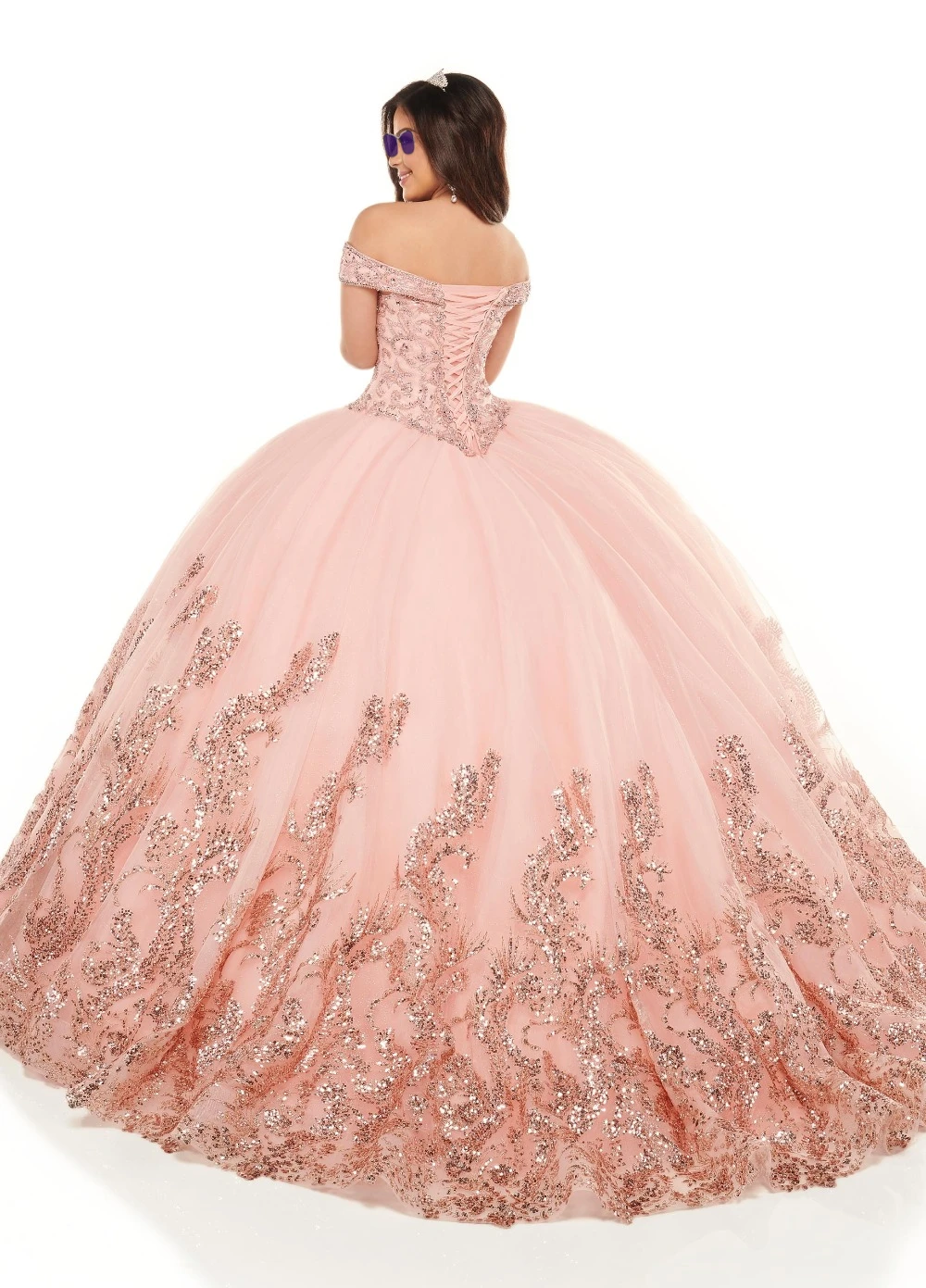 Glitter Hijau Manik-manik Organza Gaun Bola Quinceanera Gaun 2021 Off Bahu Sweet 16 Gaun Pesta Vestidos De 15 Anos Renda Emas