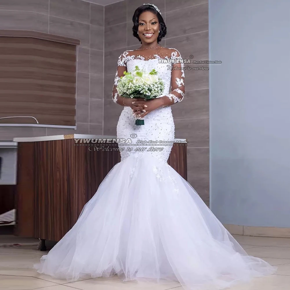 Tiếng Ả Rập Aso Ebi Nàng Tiên Cá Váy Cưới Full Tay Cổ Tròn Dây De Hôn Nhân Cô Dâu Càn Quét Tàu Nude Voan Phối Ren Đính Hạt cô Dâu Đồ Bầu