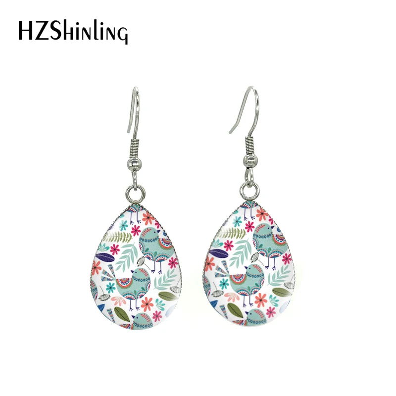 Brids and Flower Art Flower Fish Hook Earrings Stainless Steel Glass Cabochon Earrings Jewelry
