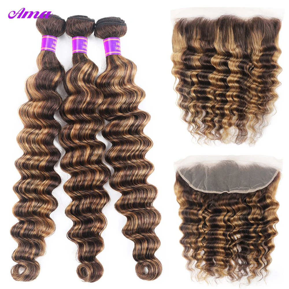 Ama Highlight Bundles With Frontal Loose Deep Wave Bundles With Frontal 13x4 inch Human Hair Bundles With Fronal Pre Plucked