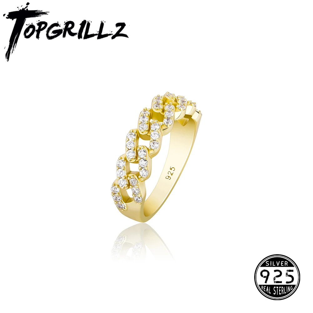 TOPGRILLZ 2021 New Cuban Link Ring 100% 925 Sterling Silver Ring Iced Out Cubic Zirconia Hip Hop Personalized Jewelry For Gift