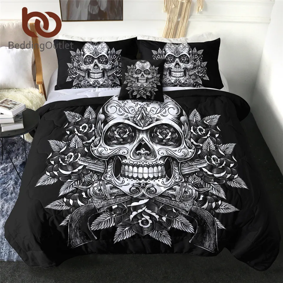 

BeddingOutlet Floral Skull Cool Blanket King Thin Duvet 4pcs Sugar Skull Gothic Bedspreads Flowers Black White Bed Quilt Queen