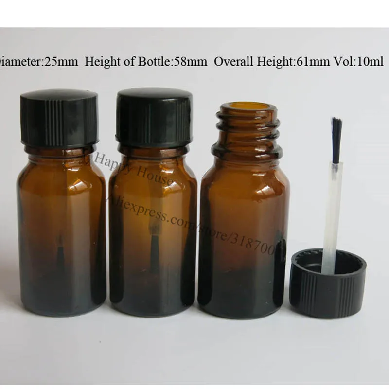 

360pcs/lot 10ml Empty Amber Glass Oil Bottle with Brush Cap, 10cc Brown Nail Polish Container,1/3oz Cosmetic Packaging