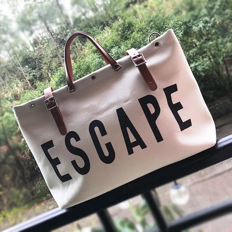 ESCAPE Canvas Travel Bag Large Capacity Stylish Travel Luggage Traveling Duffel Bag Letter Printing Weekend Duffel Handbags