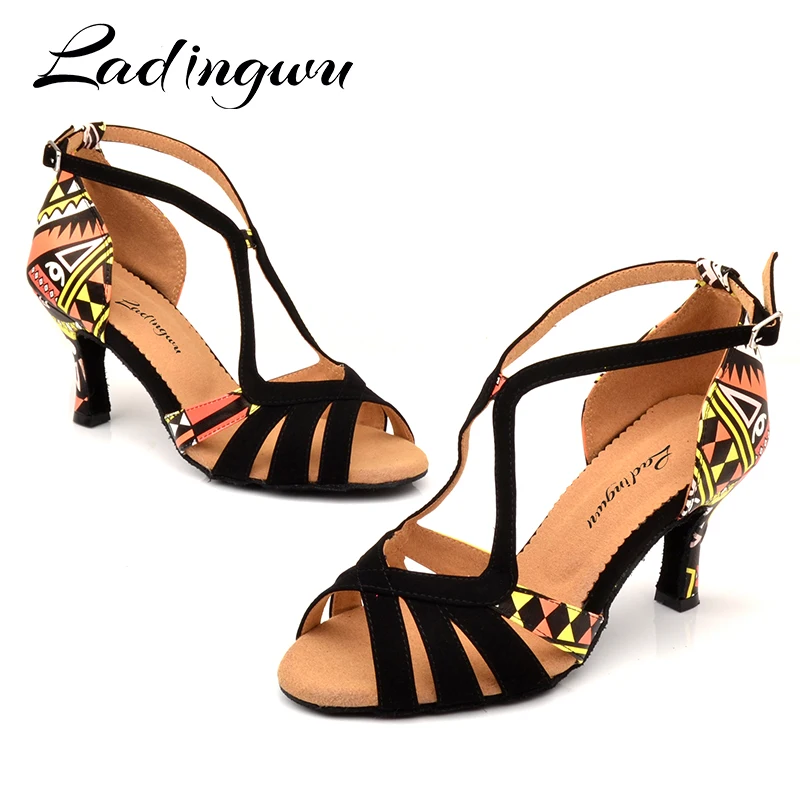 Ladingwu Hot Women Dance Shoes Latin Ballroom Dance Shoes Ladys girls Salsa Dance Shoes Suede And Featured printed leather Heel