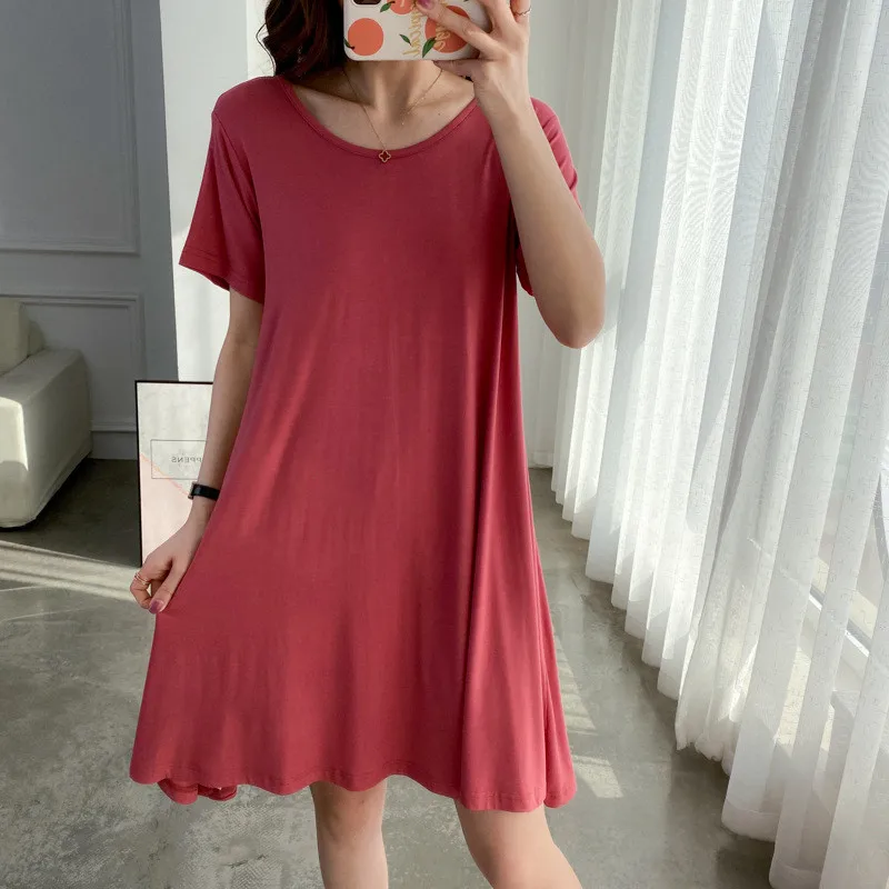 

Backless Dress Summer New Korean Modal Nightgown Women Large Size Mid-Length Loose Short Sleeve Sleepwear Bottoming Nightshirt