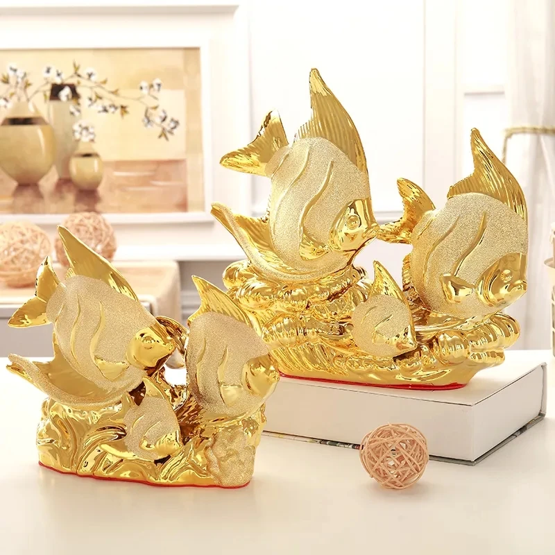 European Wedding Decor Crafts Ceramic Creative Room Decoration Handicraft Gold Fish Porcelain Figurines Decorations W4375