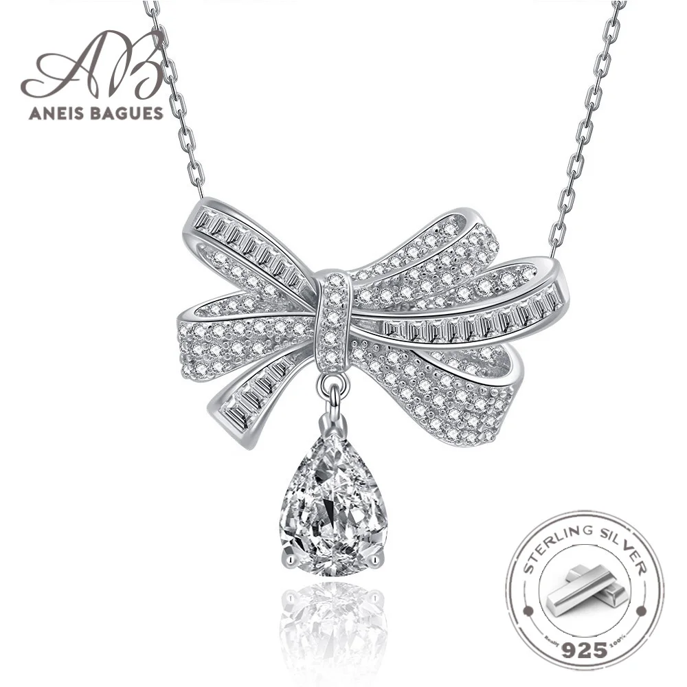 

Aneis Bagues S925 Sterling Silver AAAAA Zircon Women Bow Pendant Necklace With Chain Fine Jewelry Wholesale Drop Shipping