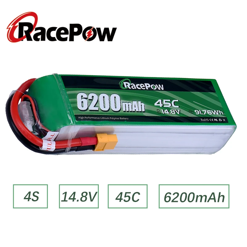 RacePow RC Lipo Battery 4S 14.8V 45C 6200mAh 4 Cells with XT60 Plug Batterie for RC Drone Plane Quadcopter Airplane Helicopter