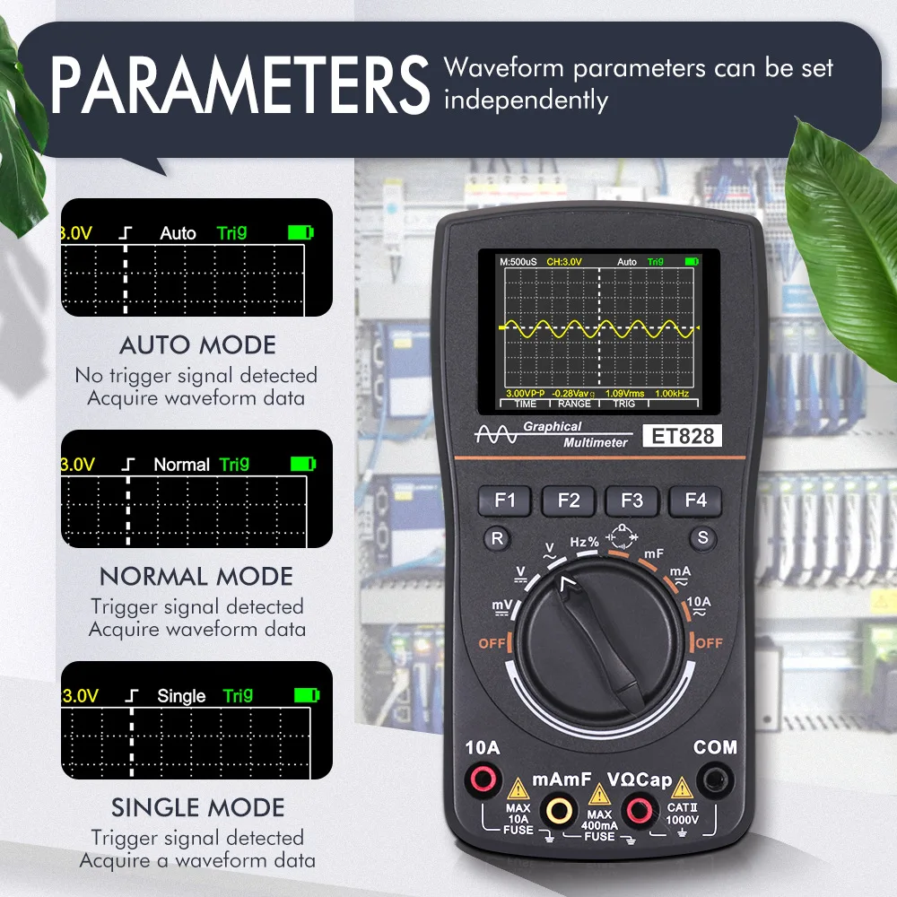 

ET828 Oscilloscope Multi-function Multimeter 1MHZ 2.5MSPS Sampling Rate Oscilloscope + Multimeter Two-in-one Portable Portable