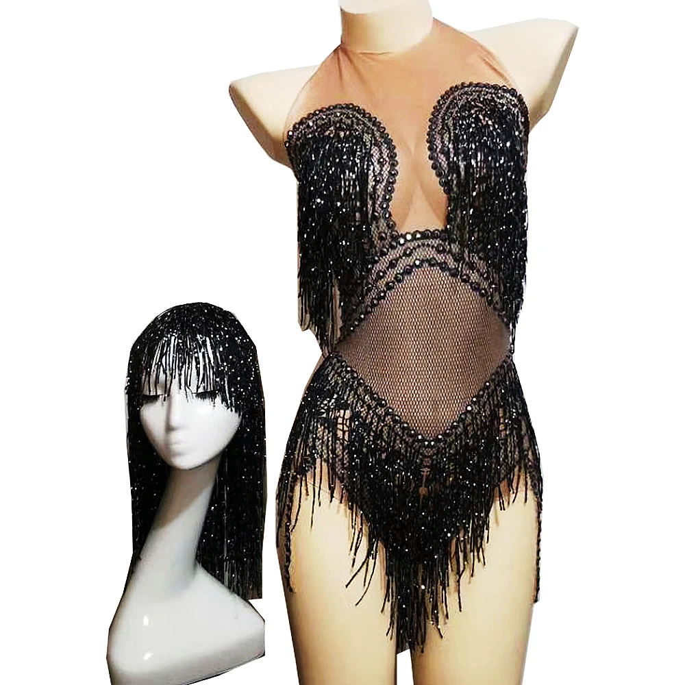 

Rhinestones Tassel Bodysuit With Headwear For Women Backless Bodycon Nightclub Performance Drag Queen Costume Dance Show Wear