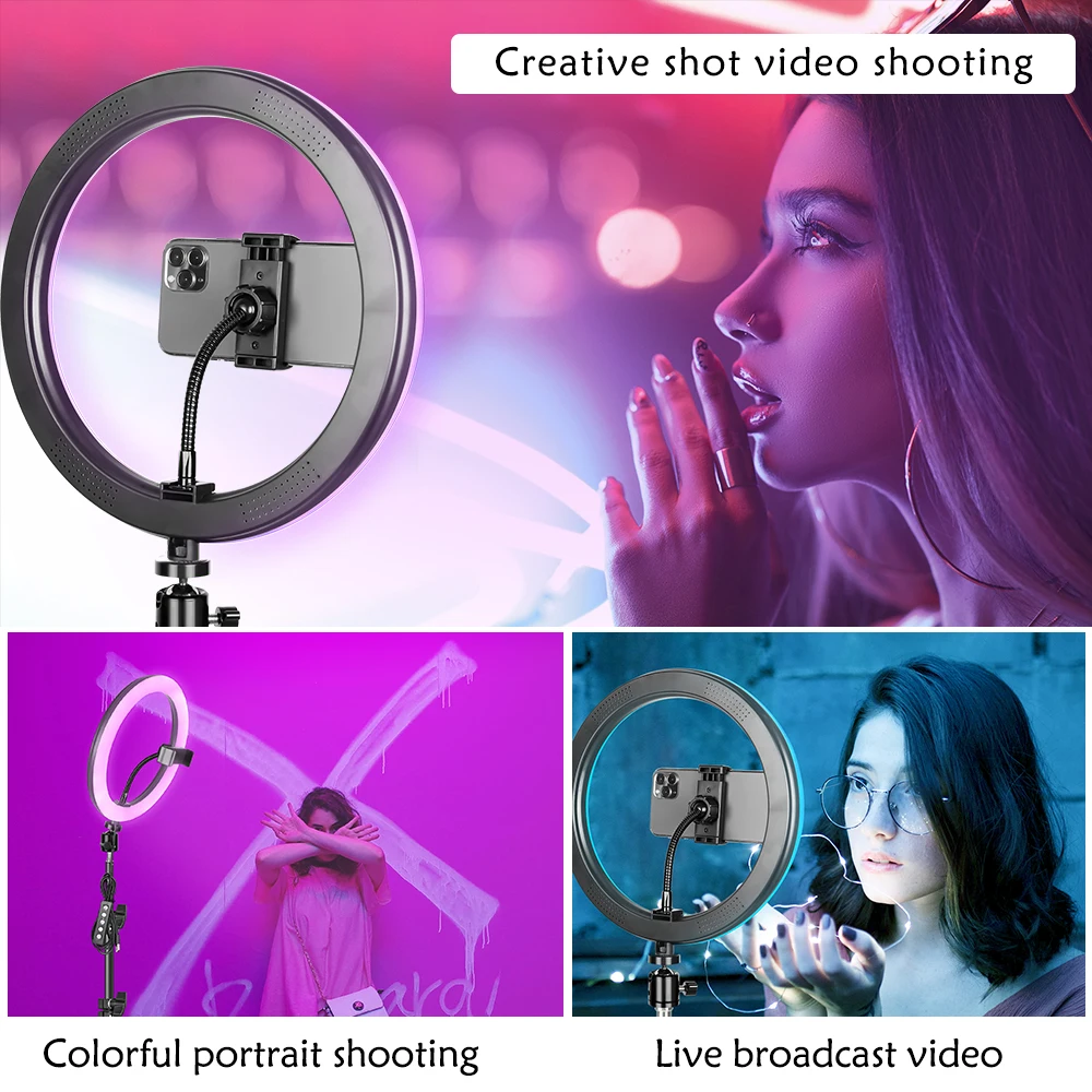 Rgb Selfie Ring Licht Led 15 Kleur Dimbare Ring Lamp Met Stand Statief Foto Studio Voor Telefoon Make Live