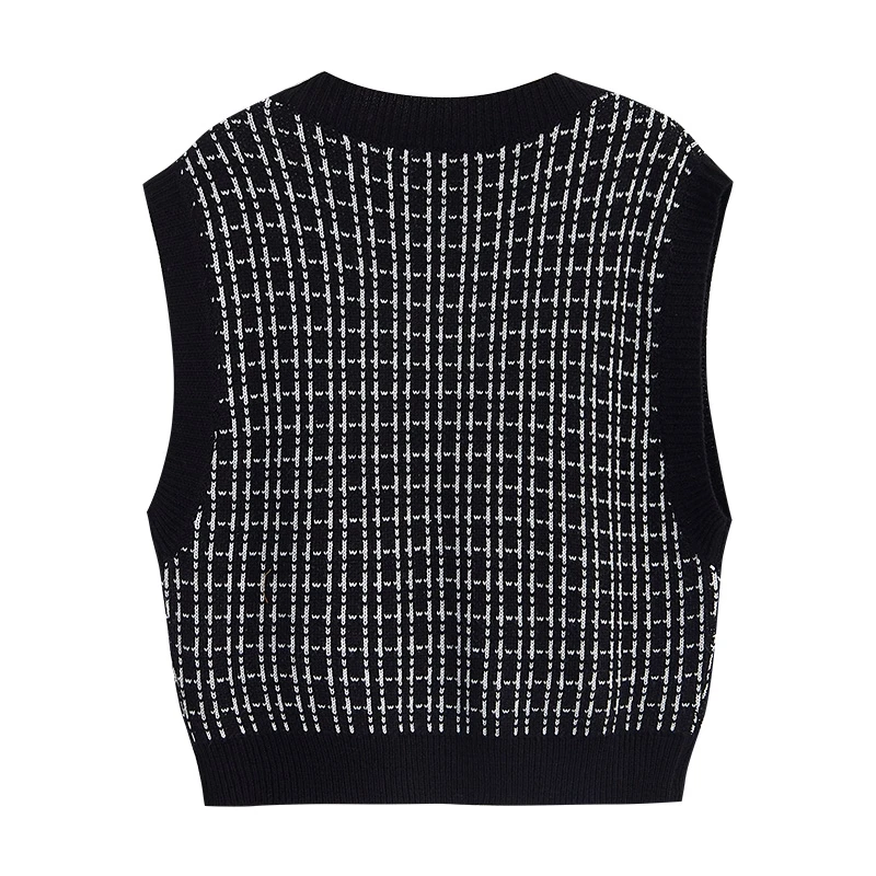 Women Fashion Houndstooth Loose Knitted Vest Sweater V Neck Sleeveless Side Vents Female Waistcoat Chic Tops【Fans Reduce $1】