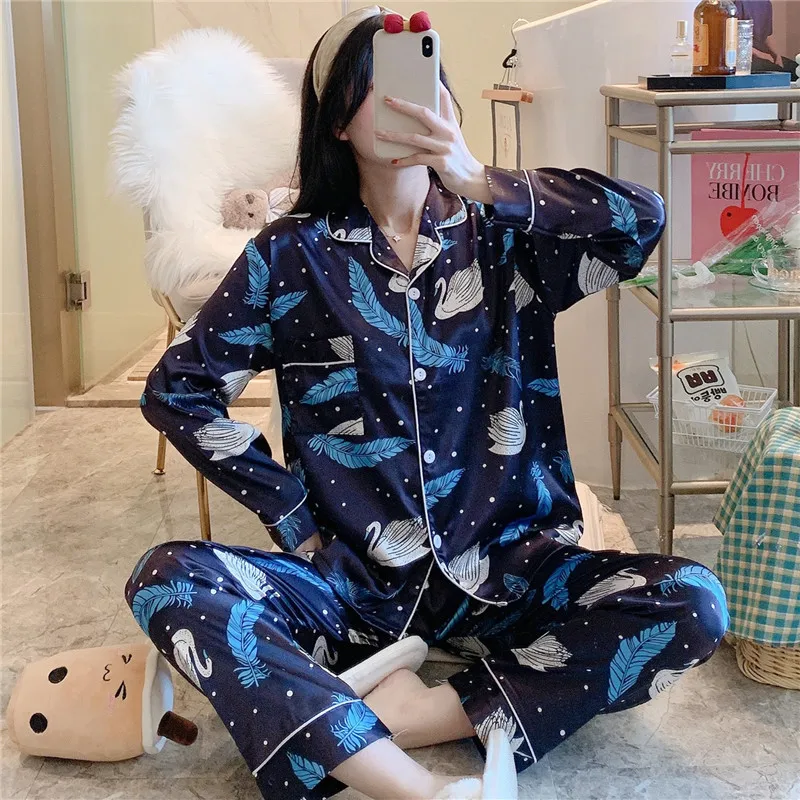 Large Size 6XL 7XL 8XL Pajamas Set Casual Sleepwear Women Satin 2PCS Shirt&Pants Lounge Wear Soft Home Clothes Pyjamas Nightwear