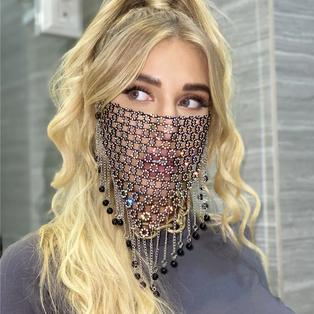 2020 Fashion Luxury Stitching Rhinestone Tassel Mask for Women Cover Face Jewelry Shining Crystal Masquerade Mask Accessories