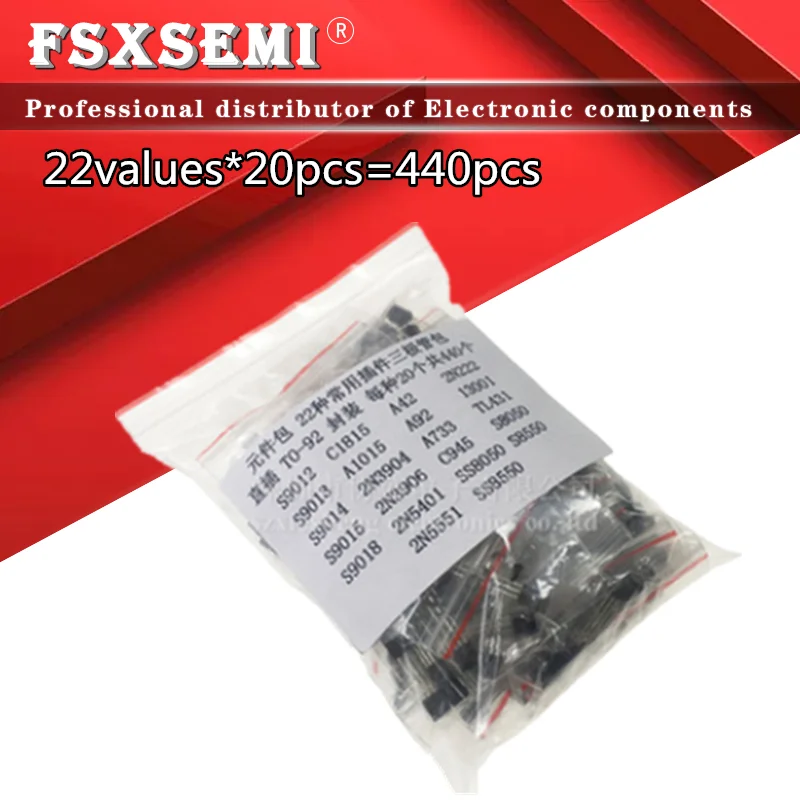 

22values*20pcs=440pcs Common triodeTO-92 Kit S9012 S9013 S9014 S9015 S9018 A1015 C1815 2N3904 2N3906 2N5401 13001 TL431