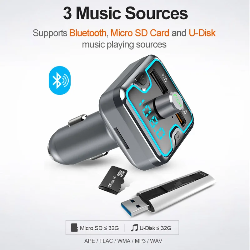  Wireless Handsfree Bluetooth Car Kit Car Audio Mp3 Player With Dual USB Car Charger Type-c Fast Charging FM Transmitter