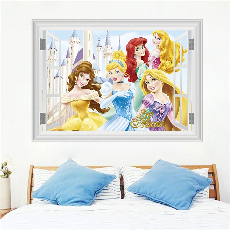 3d vivid Cartoon Belle Ariel Belle Aurora Princess Wall Stickers For Kids Room Girls bedroom Home Decoration Mural Wall Decals