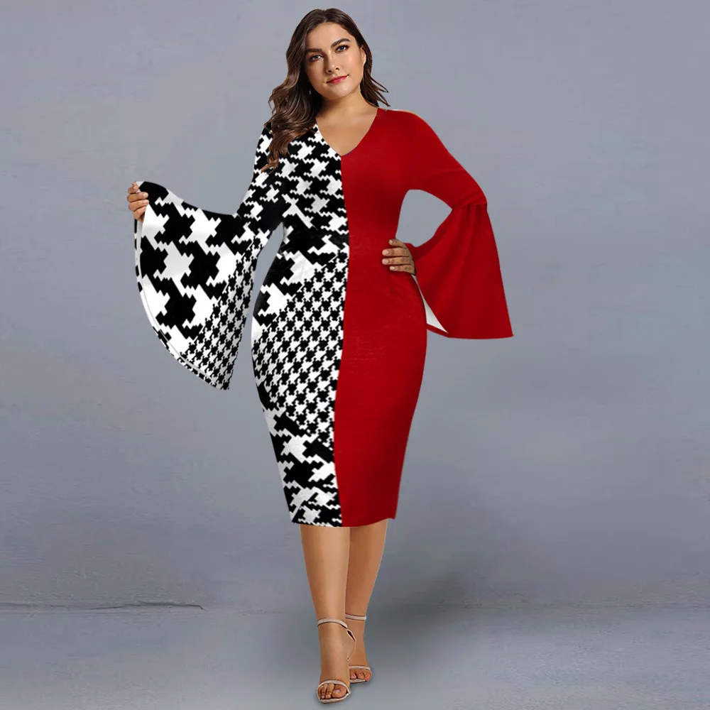 Plus Size Dresses for 2022 Elegant Geometric Print Evening Party Dress V Neck Flare Sleeve Club Outfits Women\'s Clothing