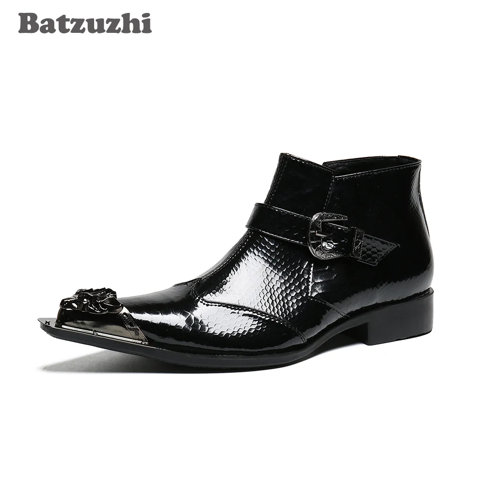 Batzuzhi Fashion Men Shoes Pointed Metal Tip Ankle Boots Men Zip Black Business Boots Party Buckles Bota Masculina, Big Size46