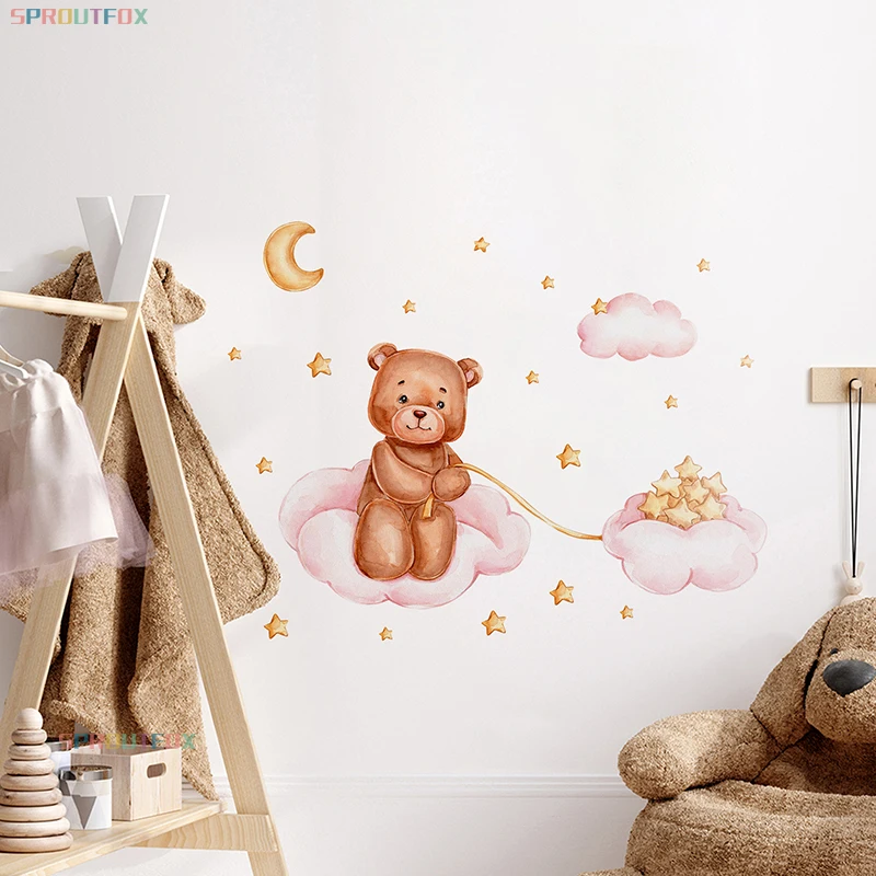 Bear And Star Wall Stickers For Kids Rooms Children's Room Wallpaper Pink Clouds Decorative Sticker Children Wall Stickers Child