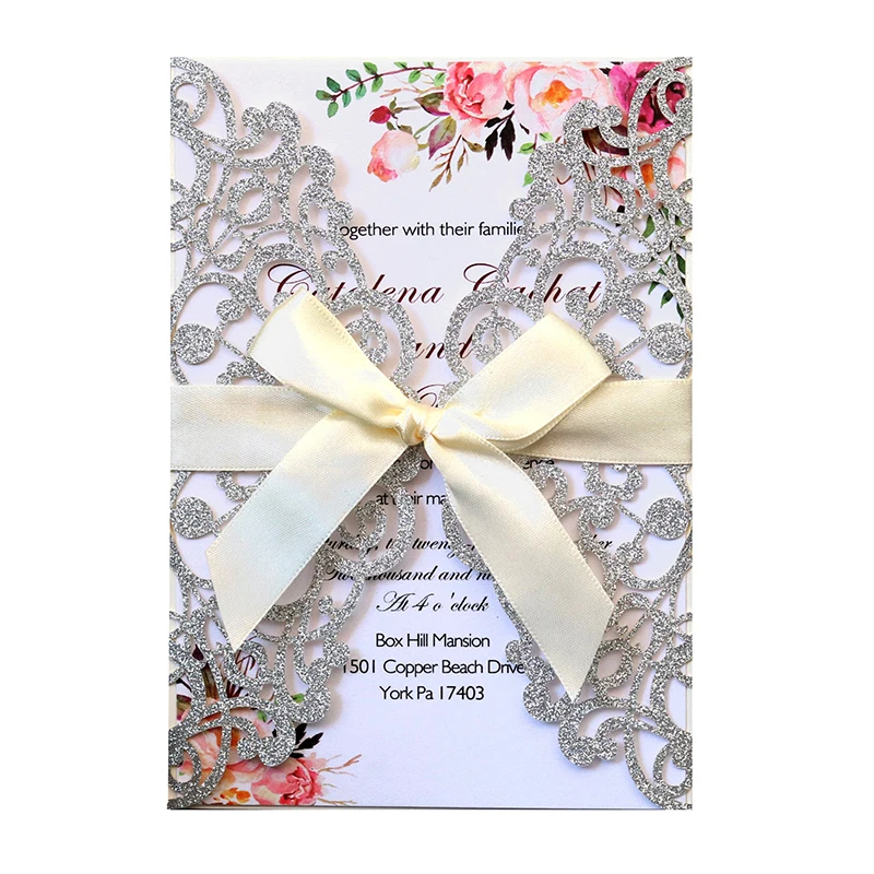 50pcs Laser Cut Wedding Invitation Card Glitter Paper Greeting Cards With Ribbon Customized Party Wedding Decoration