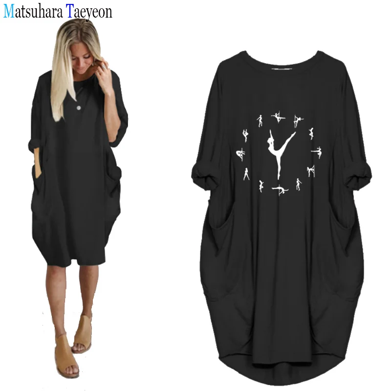 Women Dress Autumn Long Sleeve Dresses For Women Dancers Sexy Dancing Casual O Neck Pocket Loose Vestidos Femme Robe Oversized