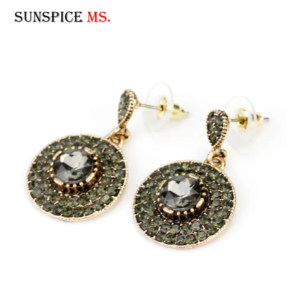 Sunspicems Vintage Turkish Earring Bohemia Women Earring Indian Bride Wedding Jewelry Round Crystal Antique Gold Color Bijoux