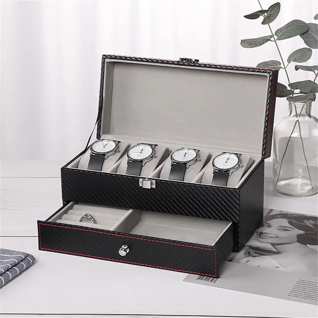 Watch Box PU Leather Jewelry Organizer Travel Display Case for Men /Women,4 Slots Magnetic Top,Black