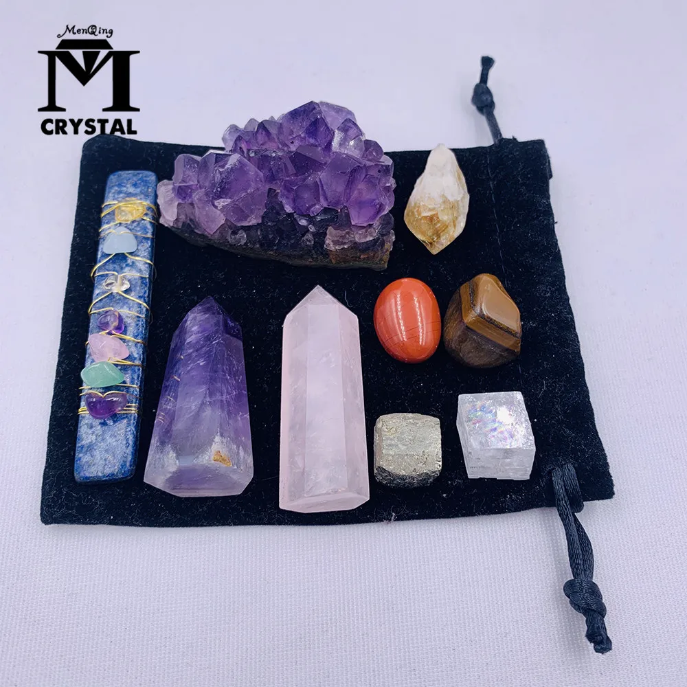 

9PCS Natural Amethyst Cluster Quartz Crystal Mineral Specimen Healing Point Column Stones Rough Ore Seven Chakras Stone Gift