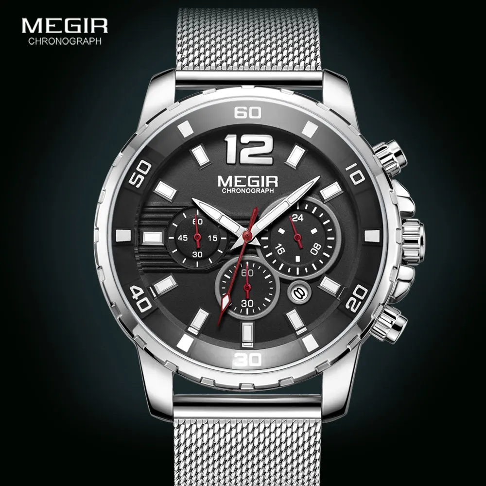 MEGIR Chronograph Quartz Watches for Men 2020 Luxury Top Brand Military Sport Waterproof Wristwatch Men\'s Mesh Strap Watch Clock
