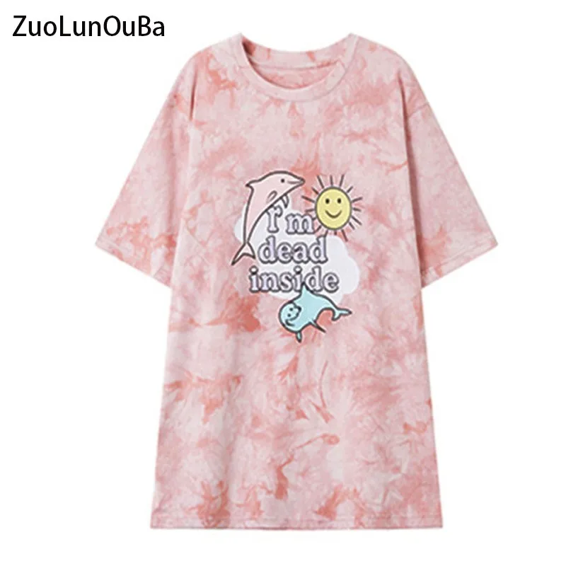 

2021 Summer Short Sleeves Loose Sisters Loaded Women T Shirt Tie-dye Print Harajuku Alphabet Sun Pink Dolphin Lady Tees Tops