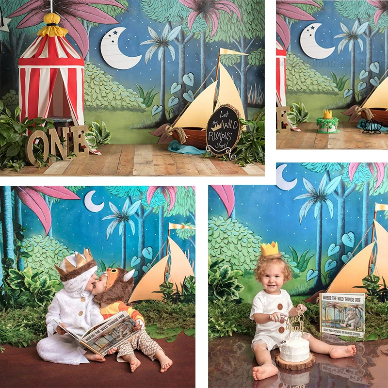 

Forest Kids 1st Birthday Backdrop for Photography Newborn Party Background Baby Shower Circus Moon Night Cake Smash Backdrops