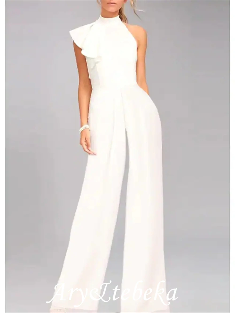 Macacões branco elegante noivado vestido de baile um ombro sem mangas até o chão cetim com draping 2021