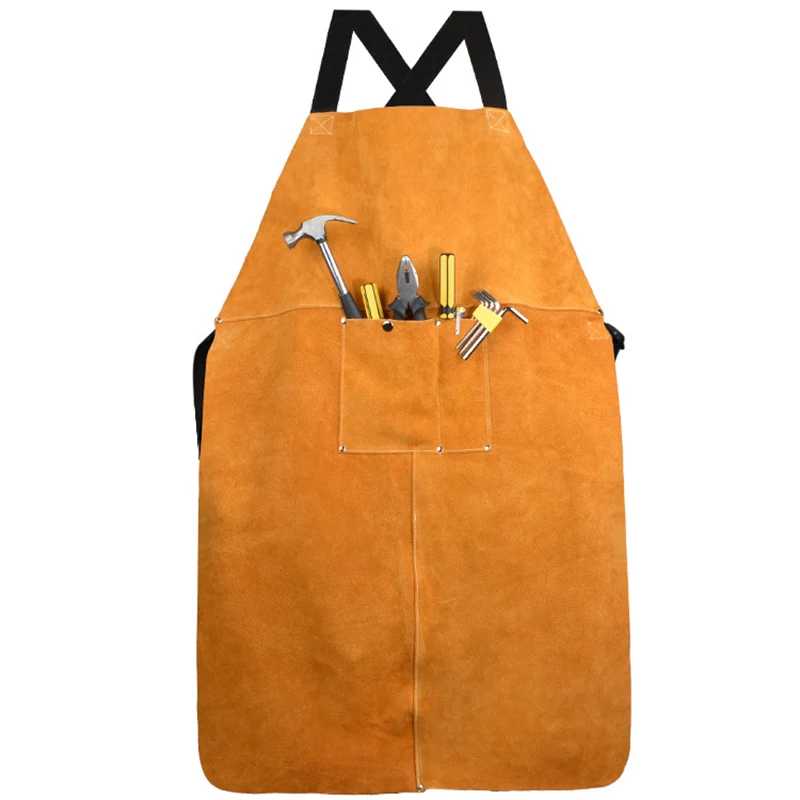 Cowhide Welding Apron With Pockets Wear-resistant Thicken Secure High Temperature Resistance Anti-cutting Protective Clothing