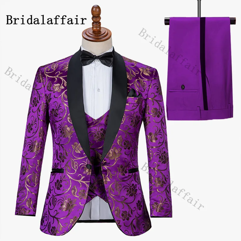 Bridalaffair Men Suits Party Tuxedo with Black Lapel Jacqaurd Blazer Vest Plain Purple Pants Wedding Suits 3 Pieces Elegant Suit