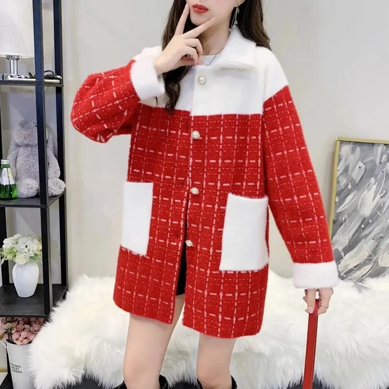 Autumn Winter Women Imitation Mink Velvet Jacket 2023New Fashion Color Matching Student Overcoat Korean Loose Ladies Woolen Coat