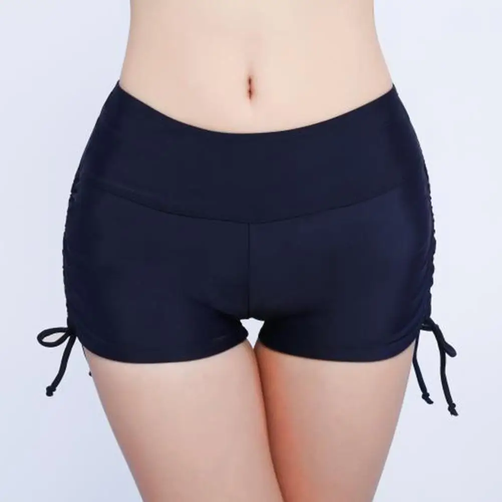 Summer Beach Women Solid Color Bikini Bottom Side Pleated Bandage Swim Shorts